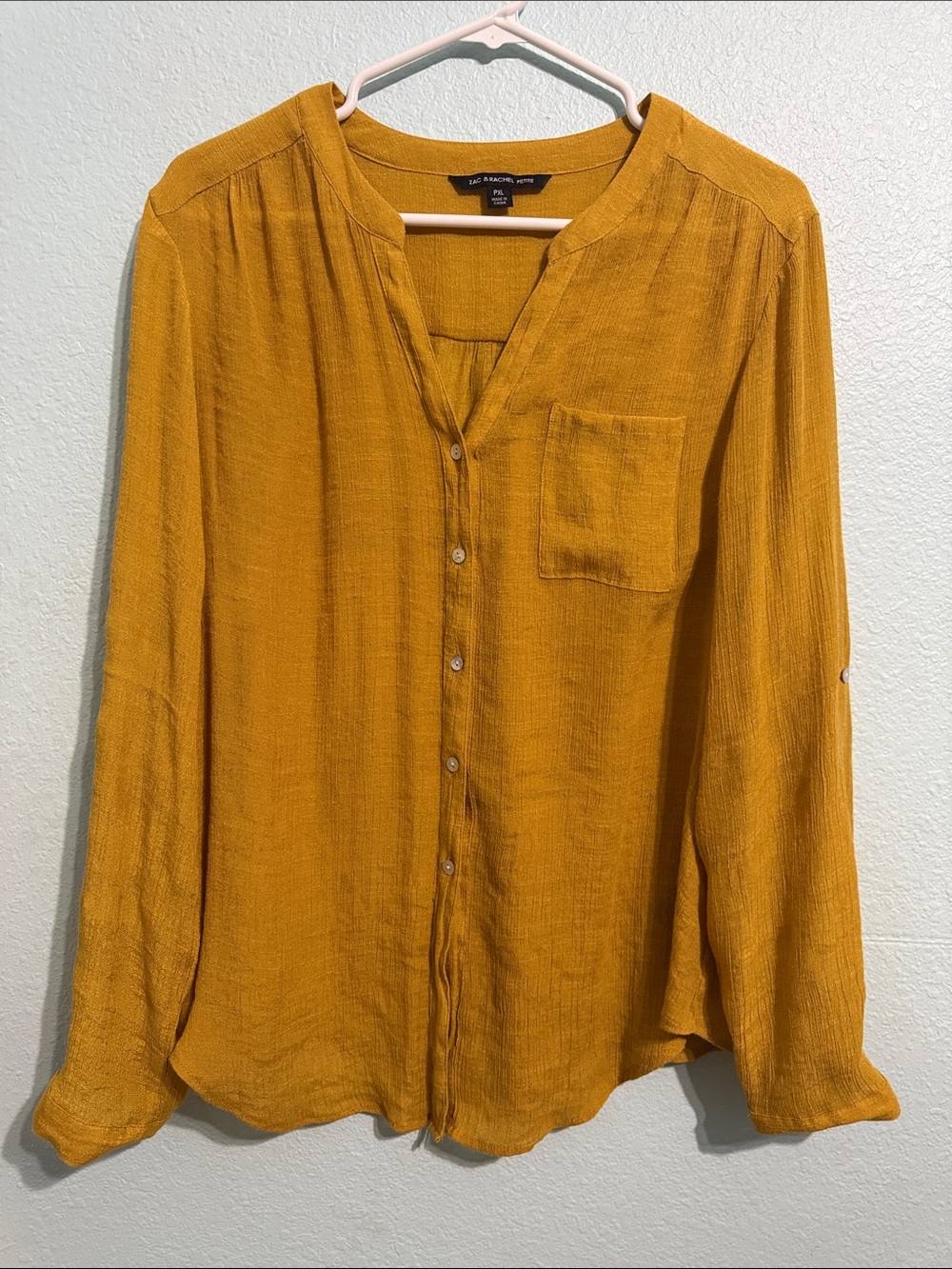 Zac & Rachel Petite women V mustard yellow blouse buttons up roll up sleeves PXL